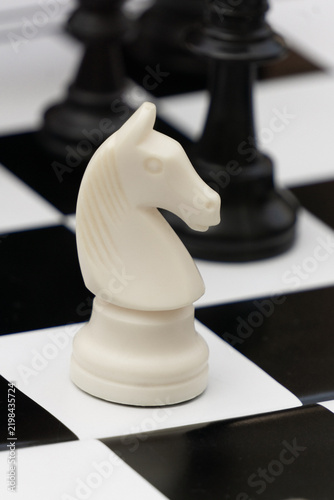 Fotografie White chess knight on black and white board