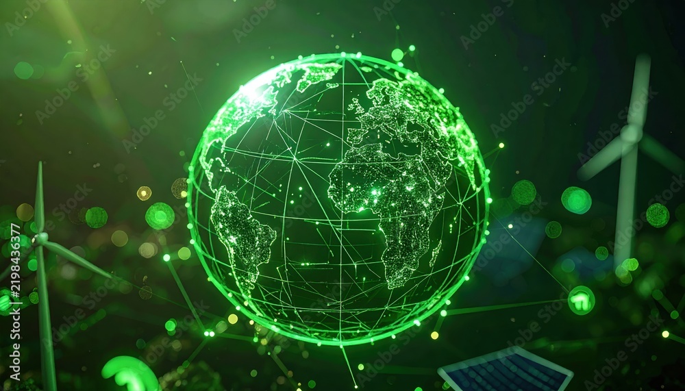 Fototapeta premium Glowing green wireframe Earth surrounded by renewable energy icons including wind turbines and solar panels