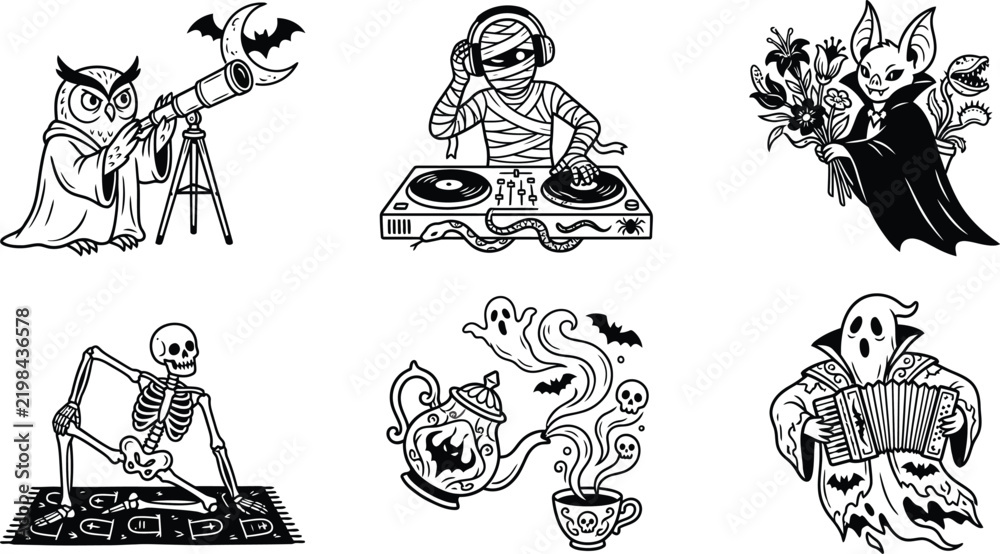 Fototapeta premium Set of whimsical spooky line art characters and funny elements vector illustration collection