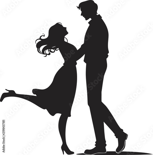 Couple embracing in romantic silhouette against white background with flowing gown and formal attire