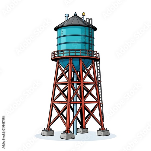 Vector illustration of a tall blue industrial water tower with red steel structure, isolated on a white background.