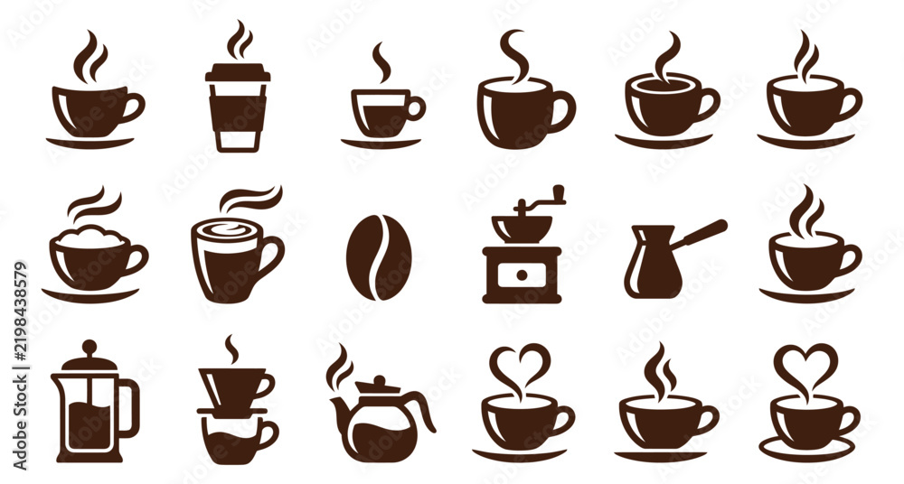 Fototapeta premium A diverse collection of coffee icons representing various brewing methods and coffee drinks