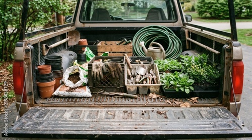 Pickup Truck Bed Filled with Gardening Tools, Soil, Pots, and Young Plants for Spring Planting