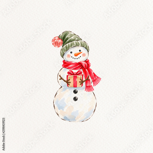 Cute Christmas Snowman Watercolor Illustration, Hand Painted Winter Holiday Character, Festive Seasonal Artwork