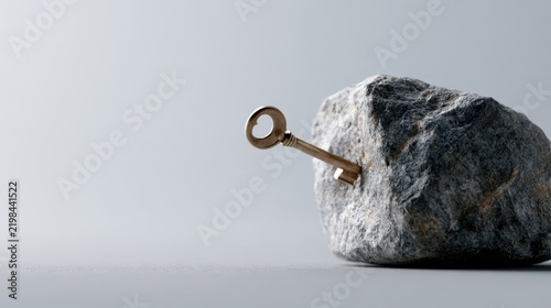 A close-up shot of a vintage metal key embedded in a rough, grey stone, symbolizing a solution or a breakthrough