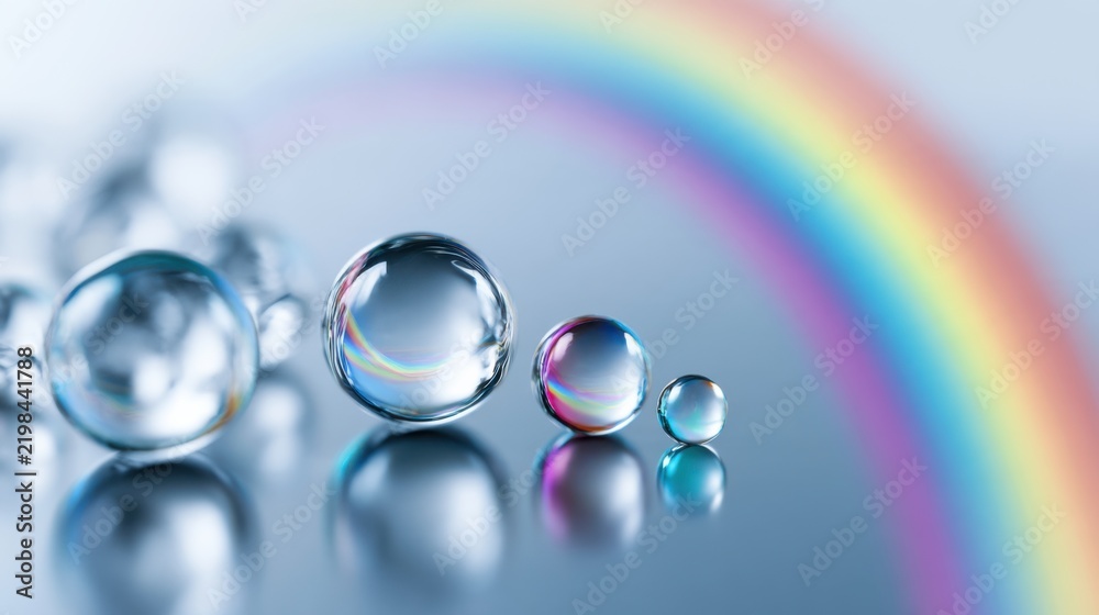 Fototapeta premium Close up of water droplets and a subtle rainbow effect. The droplets reflect light and show vibrant colors.
