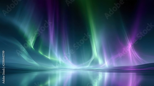 Spectacular display of the aurora borealis, a natural light show in the sky, with vibrant green and purple hues reflecting on a calm surface