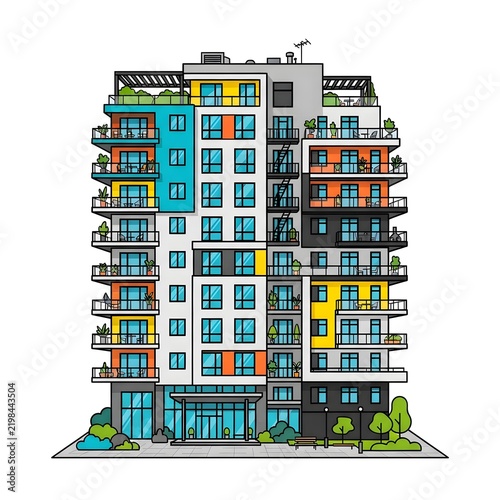 Colorful flat vector illustration of a modern multi-story apartment building. Features balconies, large windows, plants, and a landscaped entrance area, perfect for real estate designs.