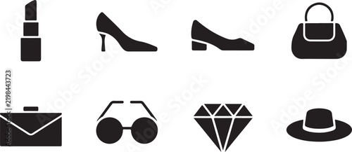 Womens Fashion Accessories and Beauty Products Solid Icon Set in Vector Design and Style