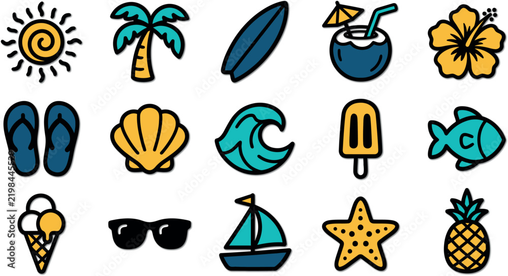 Obraz premium Colorful summer icons featuring beach elements and tropical vacation items