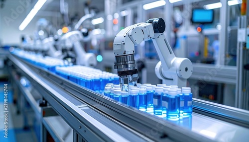 Mobile robots transporting vaccine coolers along automated pharmaceutical production line