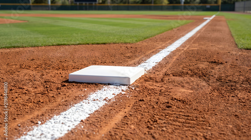 A close up view of a white base on a professional baseball field with dirt infield and chalk foul line