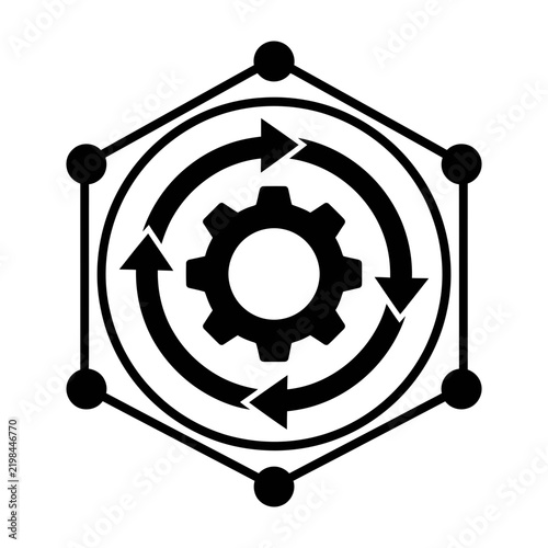 Gear cogwheel with circular arrows in hexagon shape symbolizing process and industry