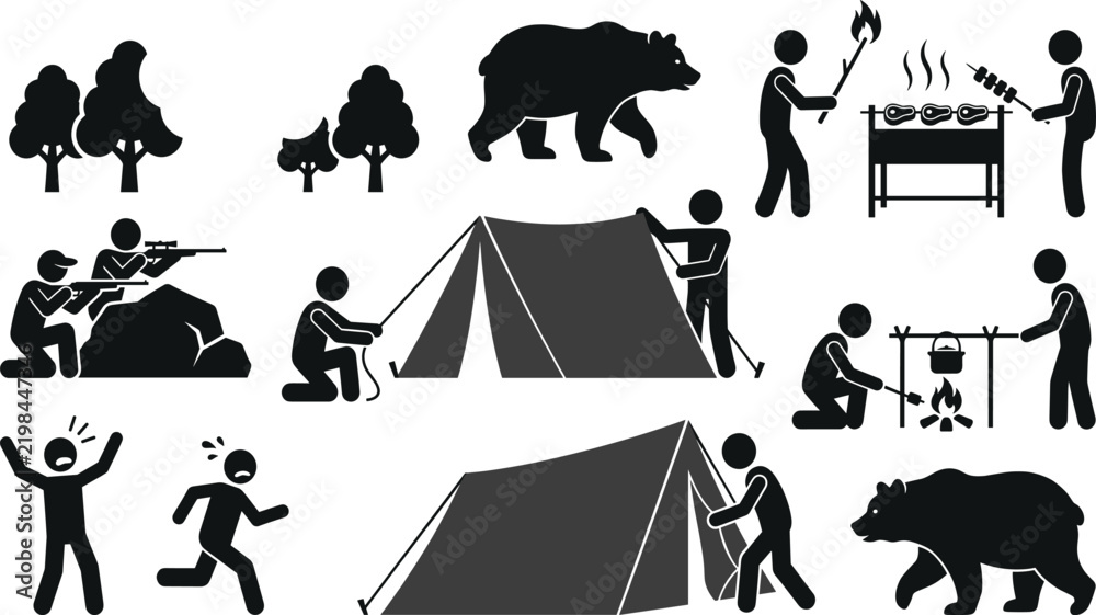 Fototapeta premium Camping Silhouette Icon Set – Stick Figures, Bear, Tent, and Outdoor Activities