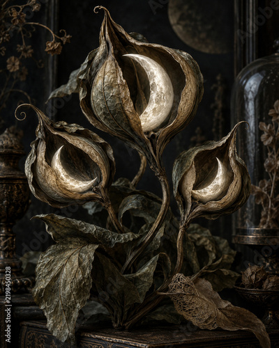 Crescent moons growing inside dried botanical pods in gothic room