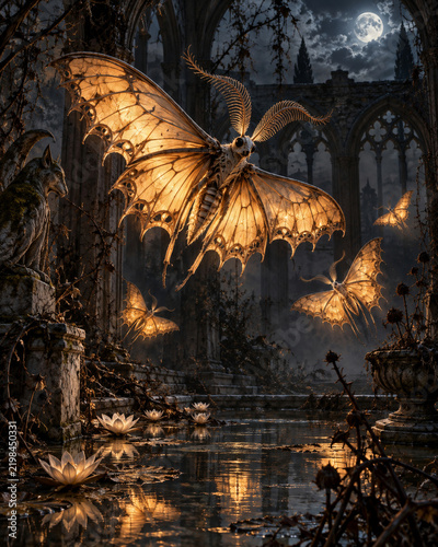 Glowing moths flying through moonlit gothic ruins
