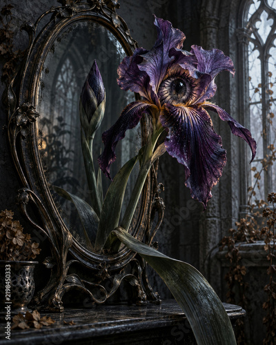 Purple iris with a humanlike eye reflected in antique mirror

