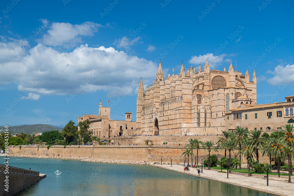 Obraz premium Gothic Palma Cathedral overlooking the waterfront lake, palm-lined promenade and historic cityscape in Mallorca, Spain.