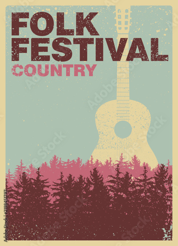 Folk Festival country music open air vintage grunge style poster design with acoustic guitar and forest landscape. Retro vector illustration.