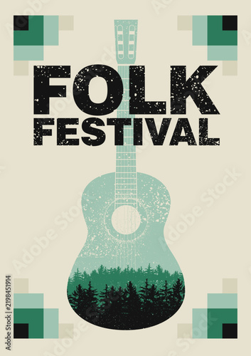 Folk Festival music open air vintage grunge style poster design with forest landscape inside acoustic guitar. Retro vector illustration.