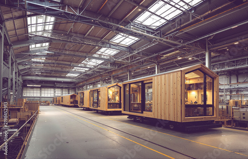 Modular Tiny Houses Under Construction In Large Industrial Factory Building
