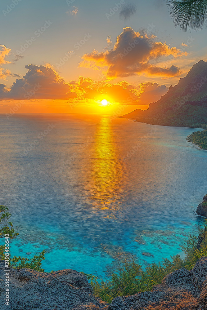 Fototapeta premium A serene scene of a sunset over the ocean and mountains, perfect for nature and travel-related projects vertical frame