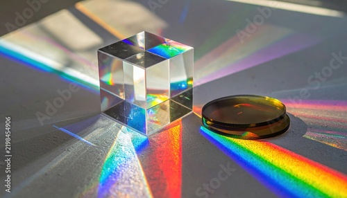 Glass prism cube splitting white light into colorful rainbow across optical breadboard beside RGB glass filters