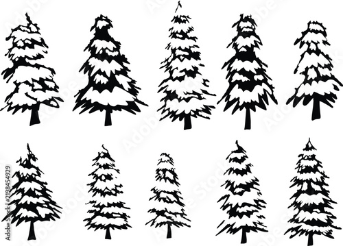 Black and white hand-drawn sketch of snowy pine trees isolated on transparent background for holiday design.