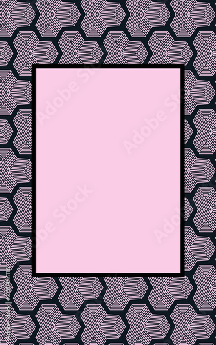 Geometric frame, graphic design in black and pink on a pink background. Book cover, illustration, mesmerizing pattern
