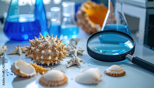 Marine biology laboratory workspace with sea urchin shells, coral pieces, blue liquid flasks and magnifying lens