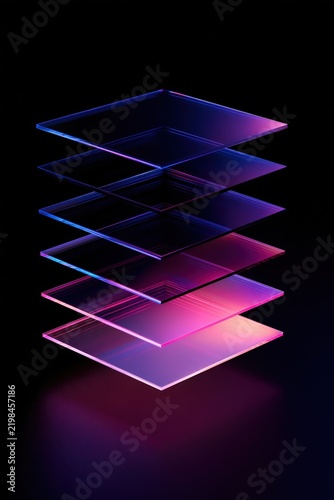 Stacked transparent glass plates with neon blue and pink gradient lighting on black background. Modern abstract design for technology and minimalist aesthetic concepts.