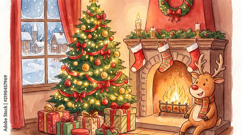 Fototapeta premium クリスマスツリーとプレゼントが飾られた室内（冬・装飾・背景・トナカイ）