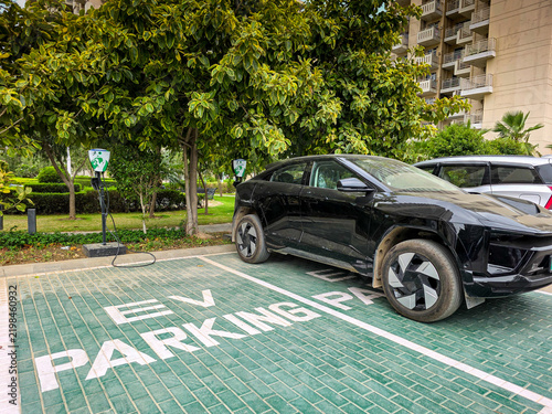 Dedicated EV parking bays with charging stations in Delhi, highlighting electric mobility, clean transportation, and India's growing EV infrastructure.