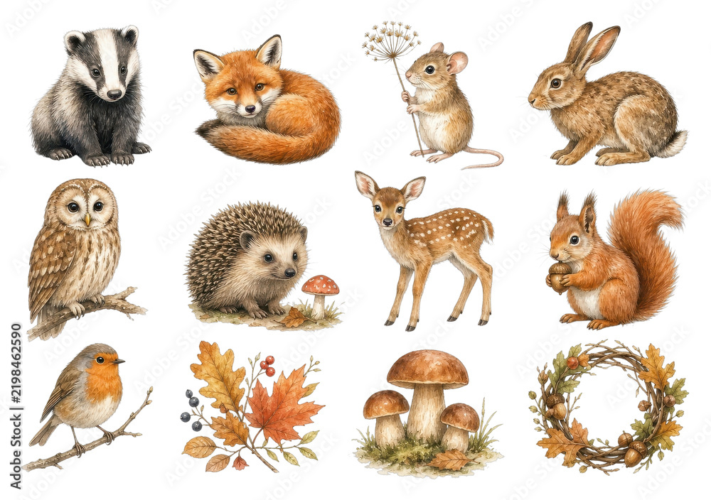 Obraz premium PNG Cute woodland animals, birds, mushrooms, and autumn leaves