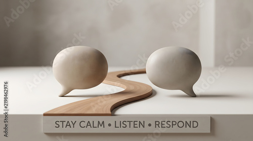 Minimalist communication concept designed to de-escalate conflicts with stay calm listen and respond text