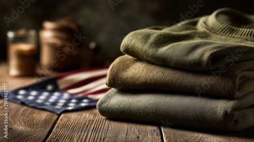 Neatly folded generic olive drab military-style uniform beside a carefully folded American flag, elegant wooden table, soft window lighting, solemn Veterans Day remembrance atmosphere