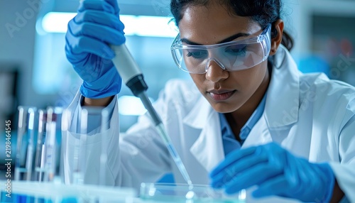 Scientist using electronic pipette to dispense liquid onto glass slide during synthetic biology experiment