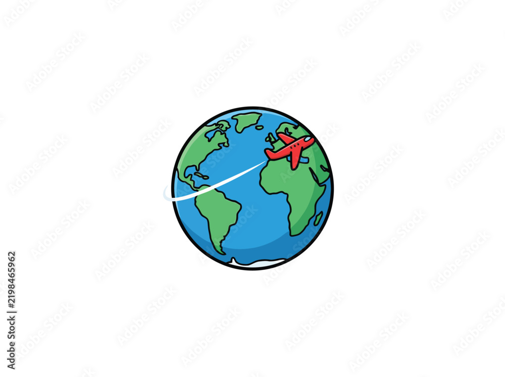 Fototapeta premium Globe With Red Airplane And Flight Trail Vector Illustration