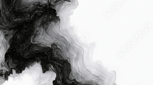 Black and white abstract fluid ink texture flowing on white background. Useful as a modern minimalist graphic design background or wallpaper.