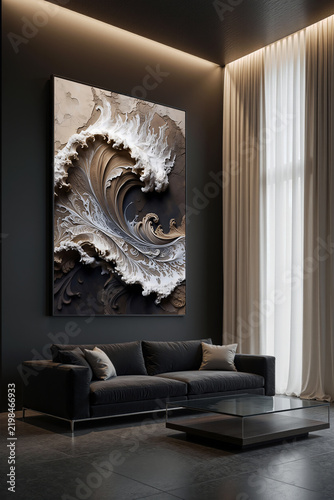Modern living room with large wall art creating a wave pattern in neutral tones
