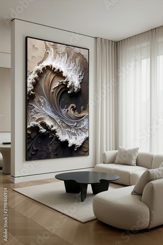 Art piece displayed in a modern living room with neutral colors and soft furniture