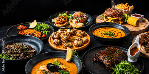 Gourmet Restaurant Food Feast with Burger, Grilled Meat, Seafood and Soup