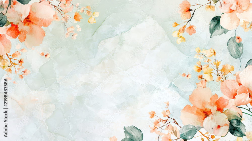 Obraz premium Delicate floral background featuring soft peach and yellow flowers with green leaves on light textured backdrop, evoking serene atmosphere