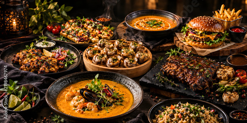 Gourmet Restaurant Food Feast with Burger, Grilled Meat, Seafood and Soup