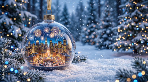 Surreal photorealistic Christmas concept, transparent glass Christmas ornament containing a tiny miniature New Year's Eve city inside 