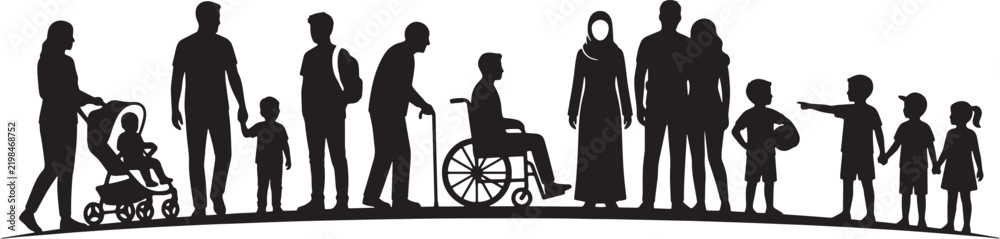 Obraz premium Diverse group of people silhouettes including families elderly disabled person and children vector illustration on white background