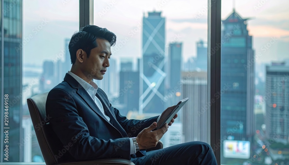 Fototapeta premium Businessman holding digital tablet displaying rising stock market chart while sitting inside high-rise corporate office