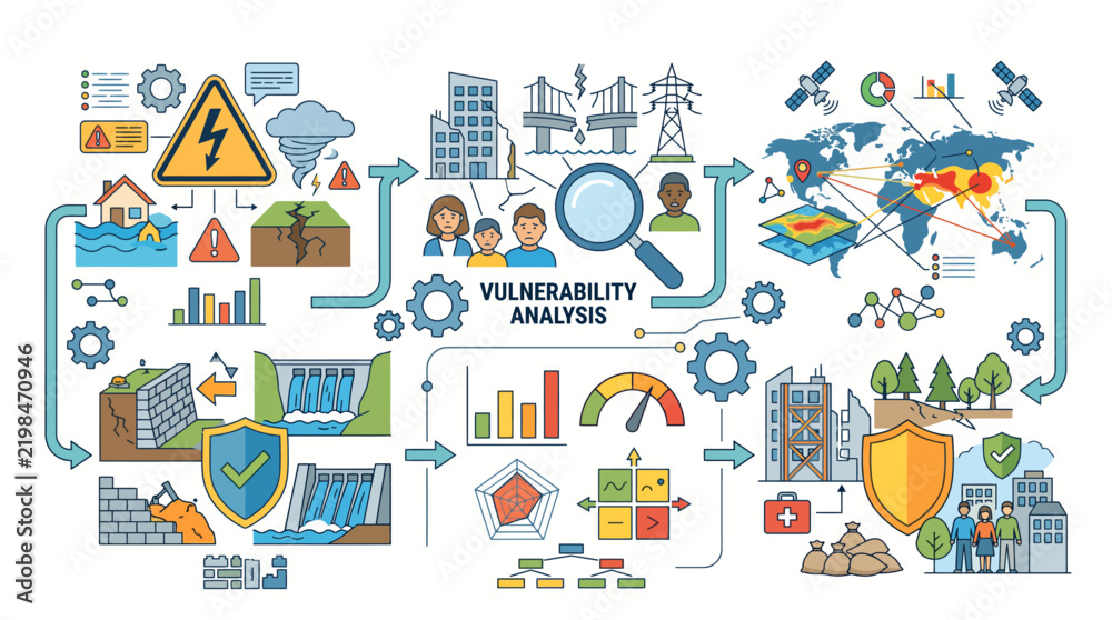 Fototapeta premium Infographic illustration of Disaster Risk Management, Resilience & Business Continuity with risk assessment process