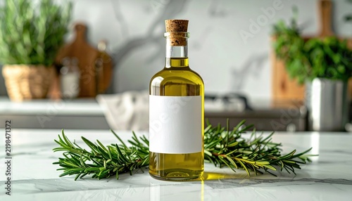 Extra virgin olive oil bottle with blank label surrounded by fresh rosemary on marble kitchen counter