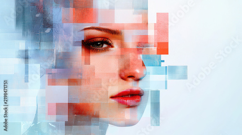 Digital artwork featuring woman face with abstract geometric patterns in shades of blue and red, conveying sense of modernity and emotion